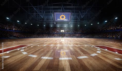 Professional Basketball Court Arena In Lights With Fans 3d Rendering