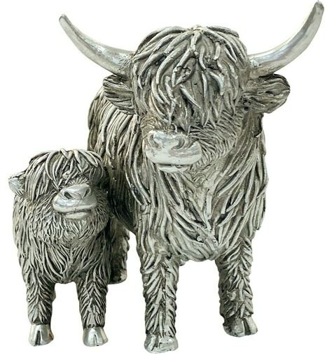Highland Cow And Calf Figurine Metallic Silver Resin Rustic Etsy