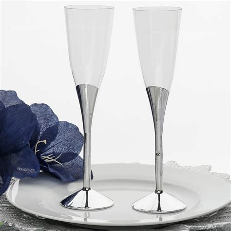 Plastic Champagne Flutes Disposable 5 Oz 6 Pack Silver Colored Detachable Base Efavormart