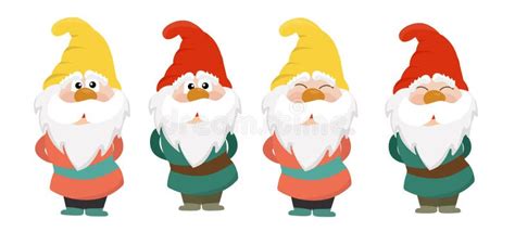 A Collection Of Cartoon Smiling Gnomes In The Flat Style On An Isolated