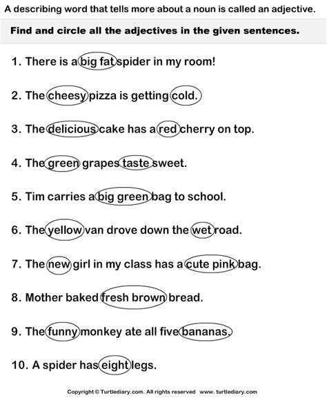 Students are required to answer questions. Adjectives in Sentences Worksheet - Turtle Diary