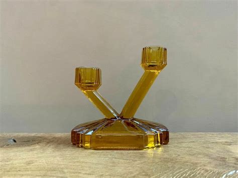 bagley glass bedford art deco amber glass double candlestick vinterior