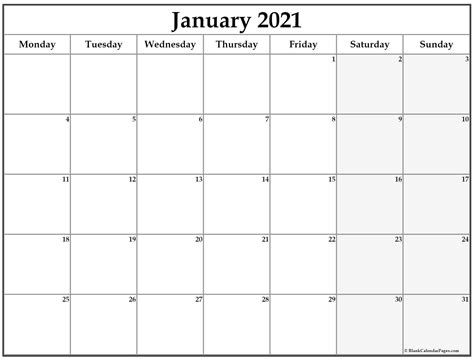 Printable Monthly Calendar 2021 Starting Monday Free 2021 Printable