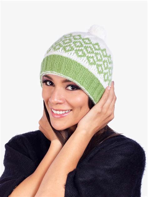 White With Green Diamond Motifs Alpaca Wool Beanie Hat For Women