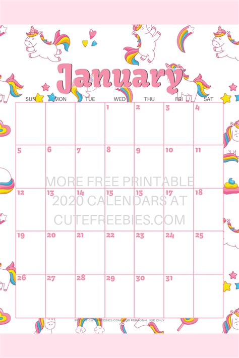 January 2020 Calendar Unicorn Cute Freebies For You
