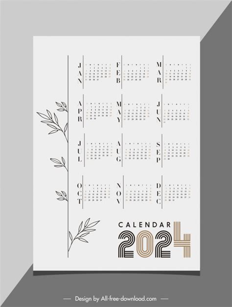 Calendar 2024 Template Flat Handdrawn Leaves Vectors Images Graphic Art