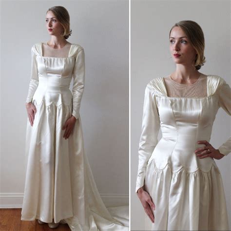 vintage 1940s satin long sleeved wedding dress with illusion neckline by mirandasbridal on etsy