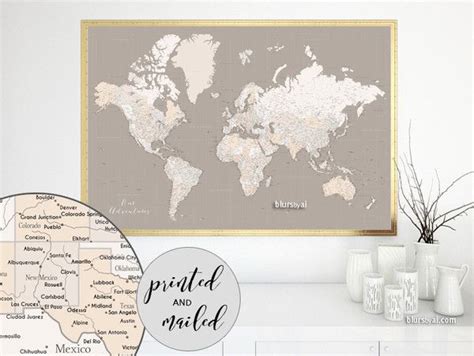 Highly Detailed World Map Print World Map With Cities In Earth Tones