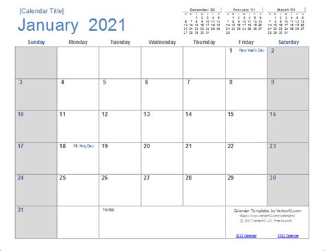 2021 Monthly Calendar Template Excel January 2021