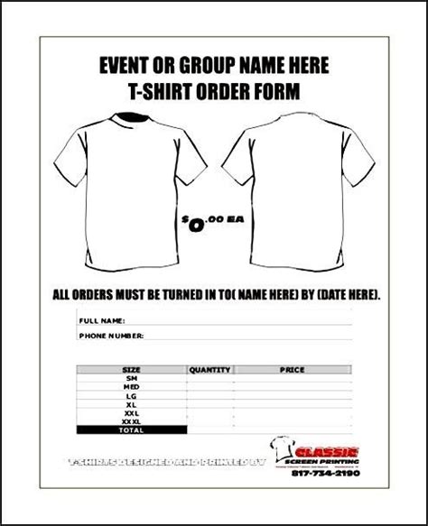 Free T Shirt Order Form Template Download T Shirt Design Printable T
