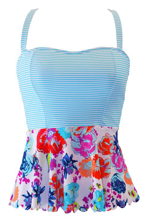 Scalloped Peplum Tankini Top Aqua Floral Stripes Final Sale Dm