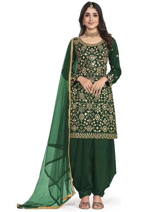 Embroidered Art Silk Punjabi Suit In Dark Green Kjc2228