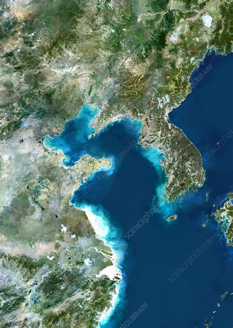 This photo collection features tropical salt water & fresh water scenes. Yellow Sea, satellite image - Stock Image - C007/3765 ...