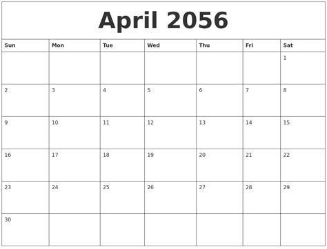 April 2056 Blank Calendar Printable
