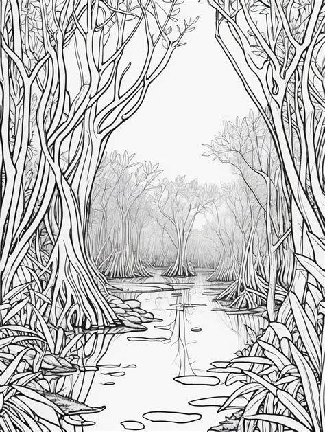 Serene Mangrove Forest Coloring Page With Bold Black Lines Muse Ai