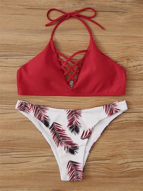 Red Lattice Halter Top Swimsuit Palm Bikini Bottom Bikinis Red