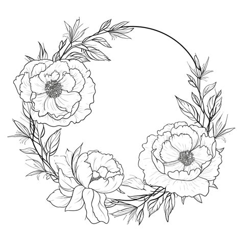Doodle Line Art Peony Flower Circle Wreath Frame Doodle Peony