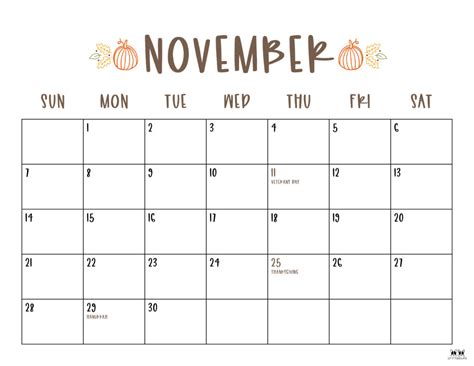 November Calendar 2021 Printable Cute
