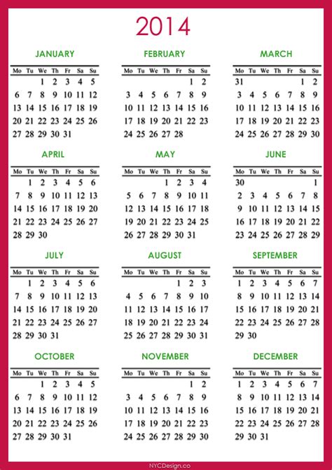 Free Printable Calendar 2014 With Holidays