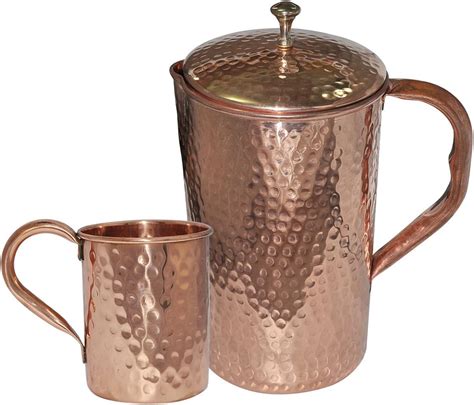Dungri India Pure Copper Jug 1600 Ml 54 Oz With 1 Pure Copper Hammered Moscow Mule
