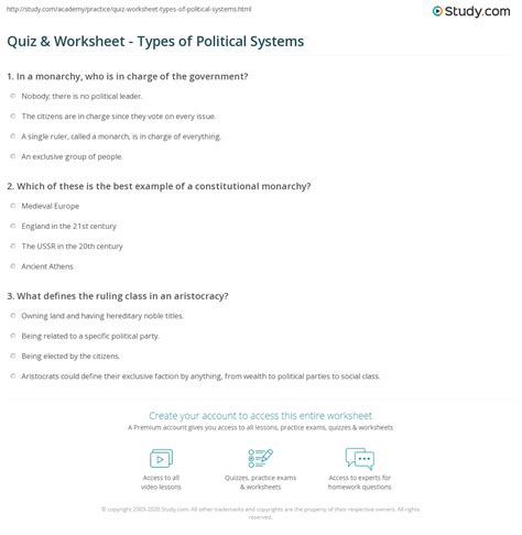 Quiz And Worksheet Types Of Political Systems