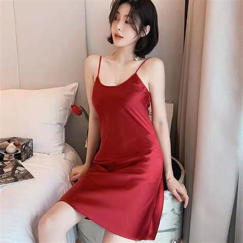Gaodinglan Women Imitation Silk Slip Nightgown Solid Color Backless Nightdress Summer Thin