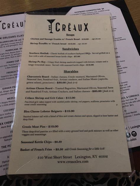 Menu At Creaux Pub And Bar Lexington