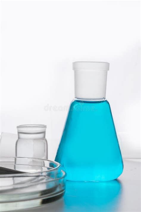 Chemistry Flask With Blue Liquid For Science Research And Experiment Stock Image Image Of