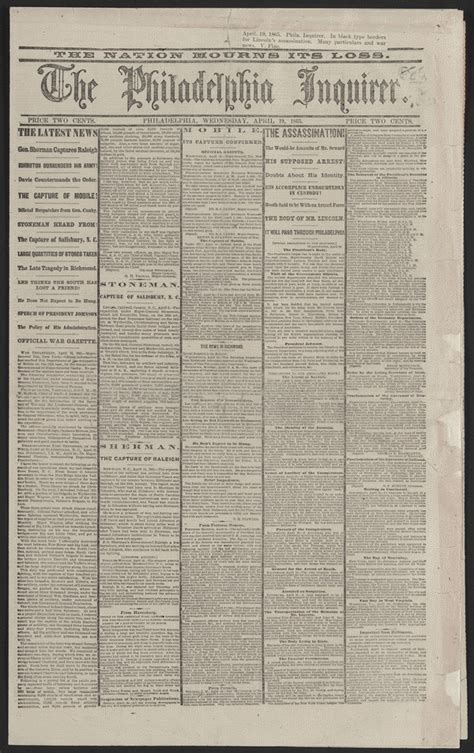 The Philadelphia Inquirer Newspaper April 19 1865 Library Of