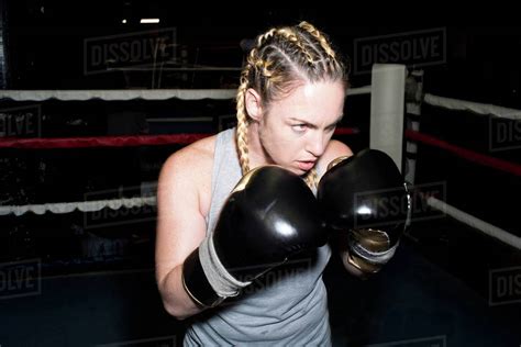 Female Boxer Poised For Sparring In Boxing Ring Stock Photo Dissolve