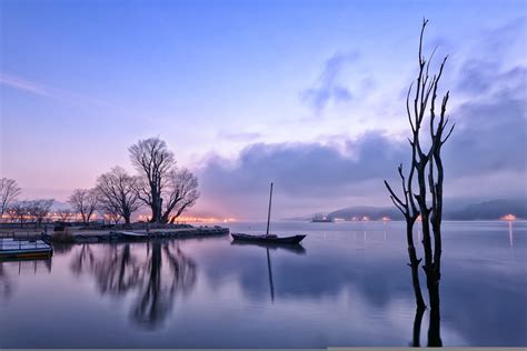 Lights Boat 1080p The Sky Lilac Trunk Reflection Morning Haze