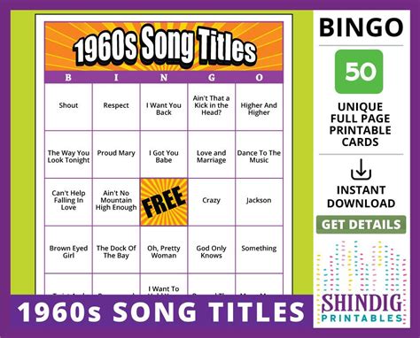 Bingo Card Game 1960s Song Titles Sixties Retro Senior Printable