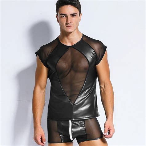 Cfyh Latex Men Sexy Mesh Faux Leather T Shirts Male Fashion Undershirts