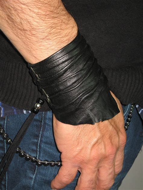 Crushed Black Leather Cuff Bracelet Hand Made Sculpted Wrinkled