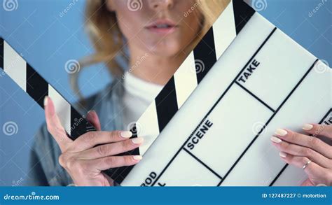 Pretty Blonde Actress Posing For Audition With Movie Clapper Board Casting Stock Video Video