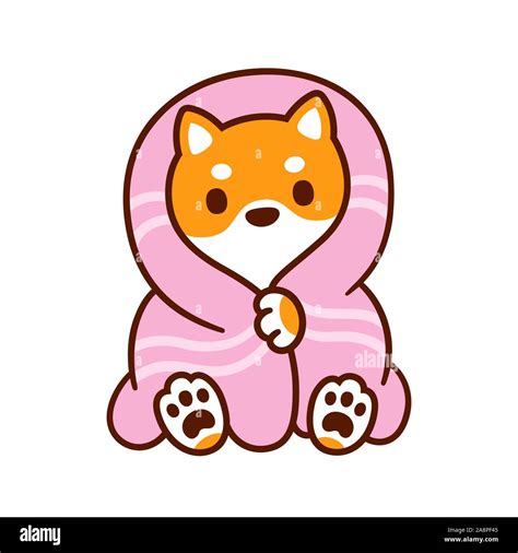 Cute Cartoon Dog With Blanket Kawaii Shiba Inu Puppy In Warm Cozy