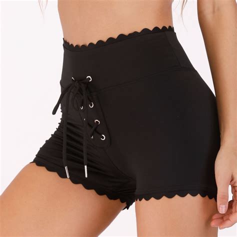 New Bandage Lace Trimmings High Waist Yoga Shorts Women High Stretchy Fitness Workout Shorts Dry