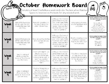 Homework is optional and should be fun! October Pre-K Homework Board (Editable) by Mrs Woods ...