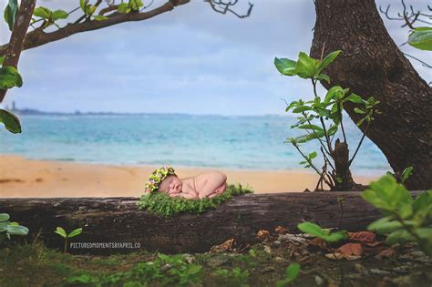 Newborn Baby In Hawaii Posed Outdoors On The Beach With A Hakulei For