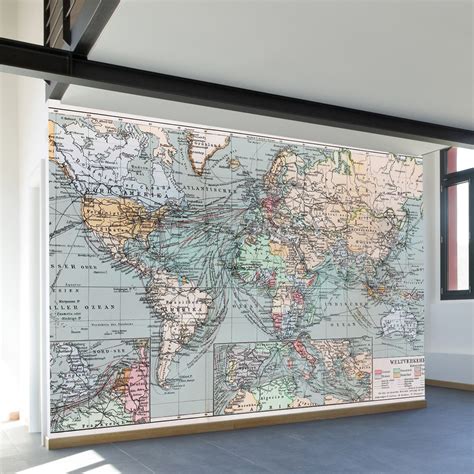 Vintage World Map Wall Mural Decal 4 Panels 93 Width