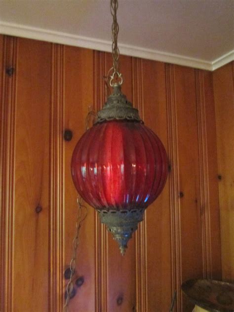 Vintage 60s70s Modern Red Glass Hanging Swag Light Lamp