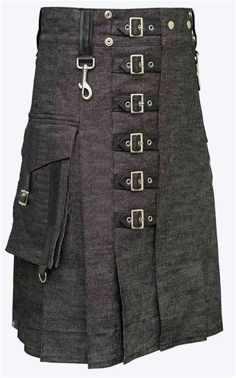 Black Denim Kilt With Cargo Pockets Highlander Kilt