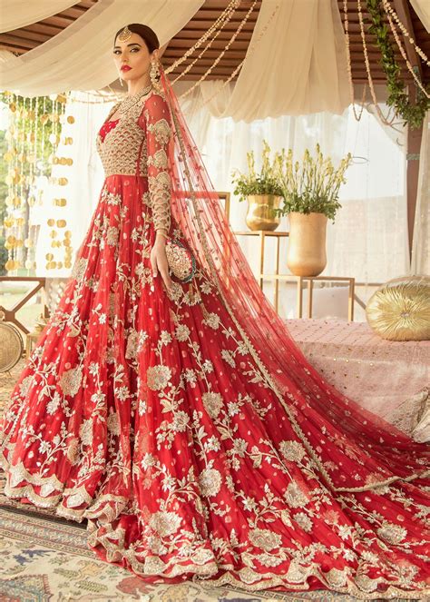Buy Pakistani Bridal Dresses Long Trail Frock For Wedding In Red Color