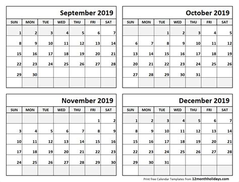 Calendar For 2019 September Through December Example Calendar Printable