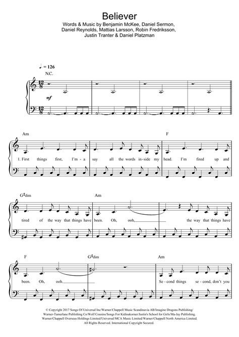 Imagine Dragons Believer Sheet Music Easy Piano In A Minor Download