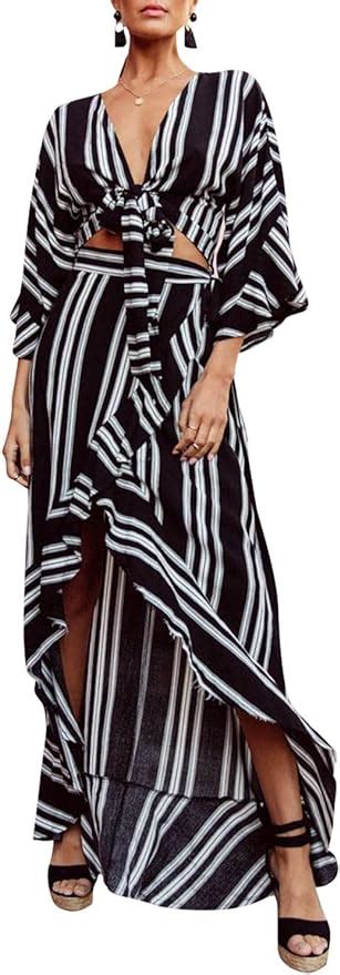 Amazon Com Glamaker Women S Striped 2 Pieces Crop Top Dress Outfit V