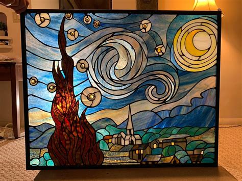 Starry Night Van Gogh In Stained Glass Etsy Canada Starry Night Van Gogh Mosaic Wall Art