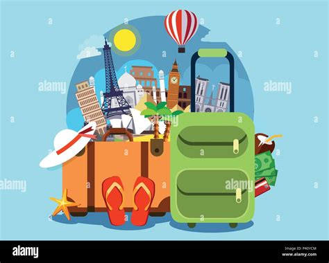Tourism With Famous World Landmarks Vector Illustration Travel Bags