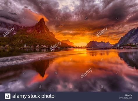 Norway Lofoten Reine Landscape In Midnight Sun Stock