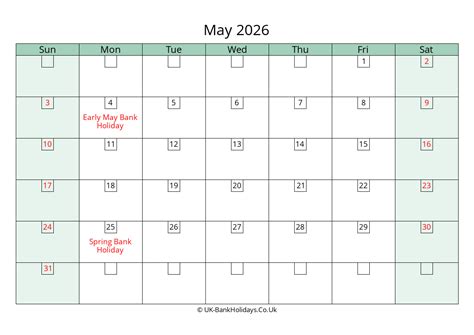 May 2026 Calendar Printable With Bank Holidays Uk